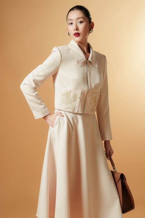 Sixdo Beige Woven Flared Skirt